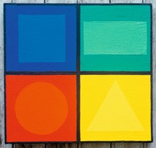 133 – Carré bleu, rond rouge, triangle jaune, rectangle vert, croix noire